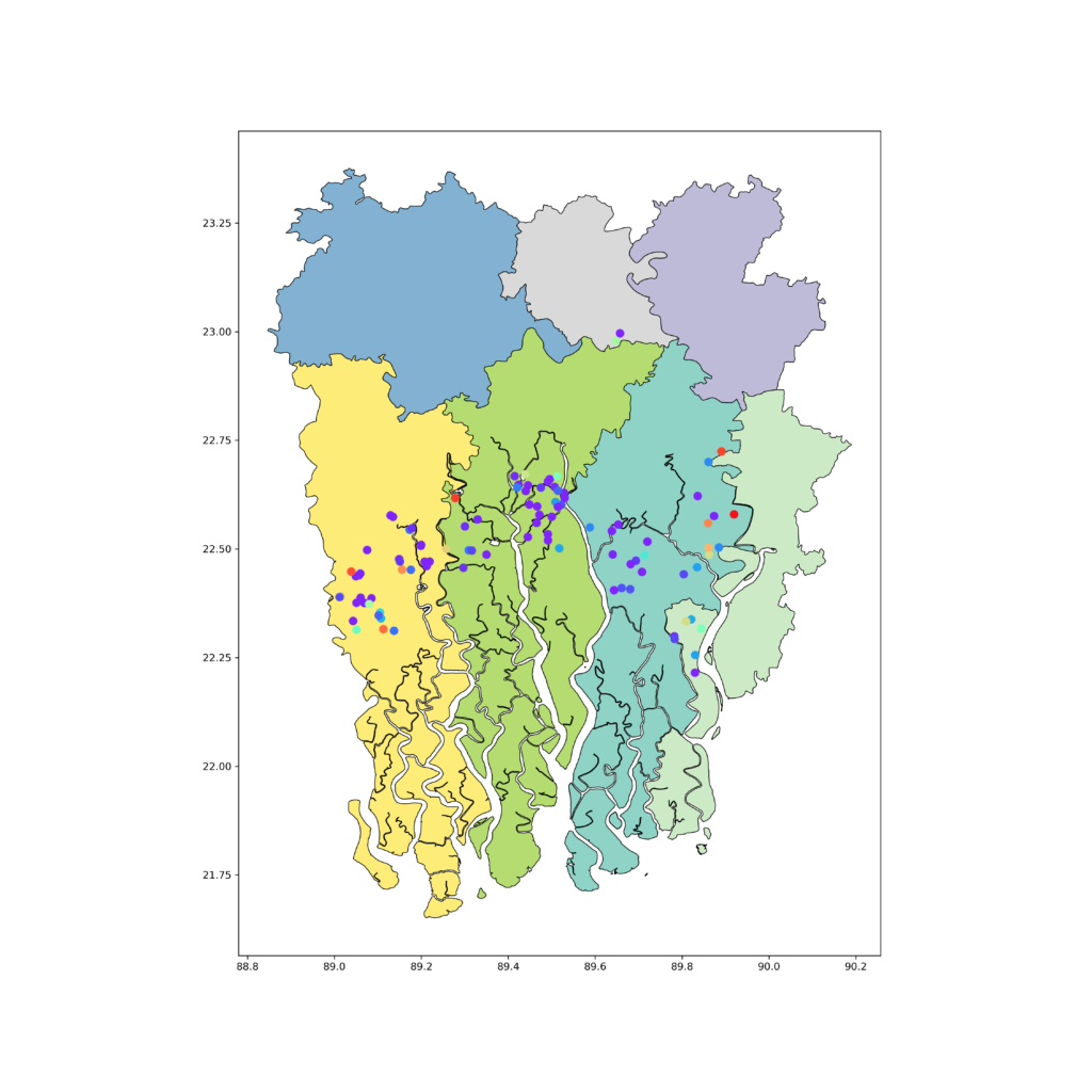 Map with geospatial data of polygon and point shapefile